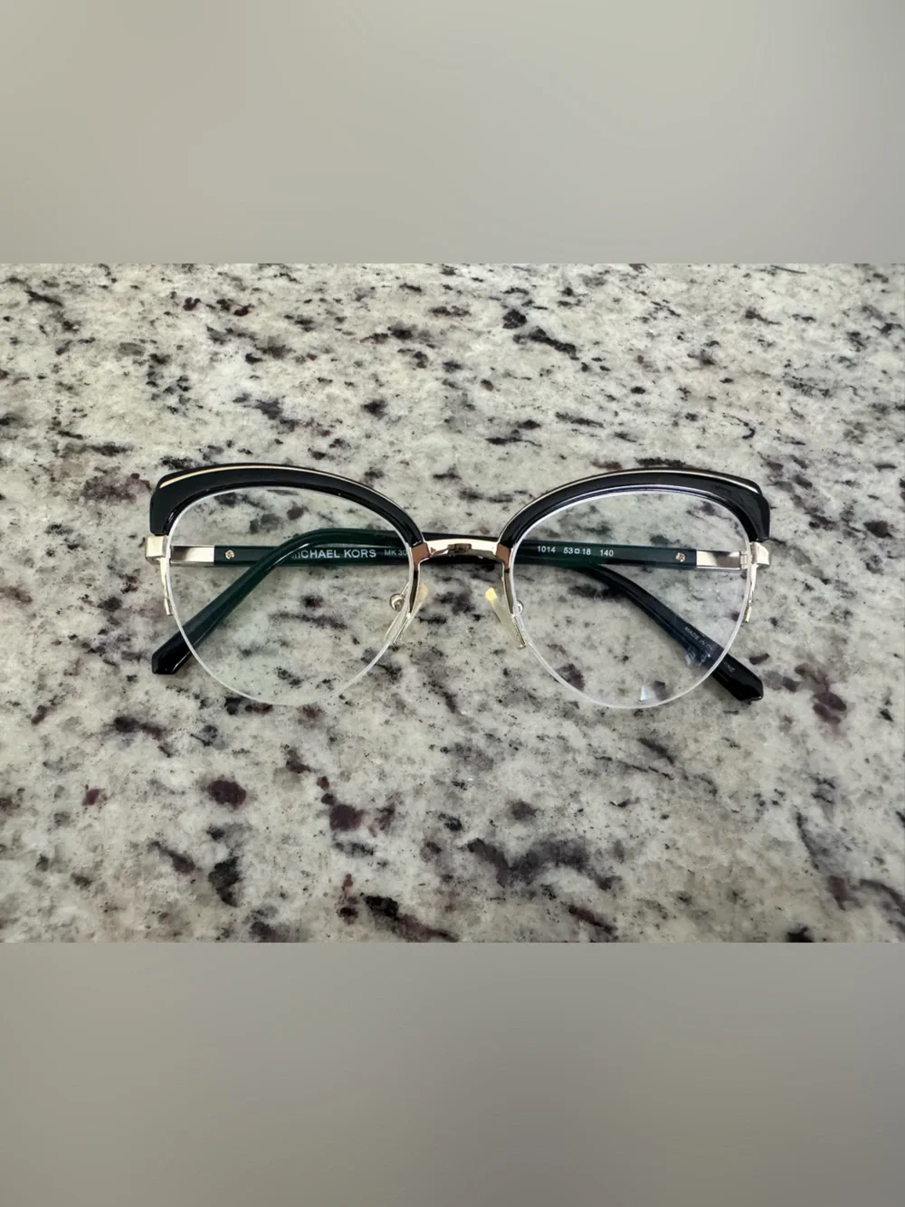 Michael Kors Black & Gold Semi-Rim Cat-Eye Glasses with White Case